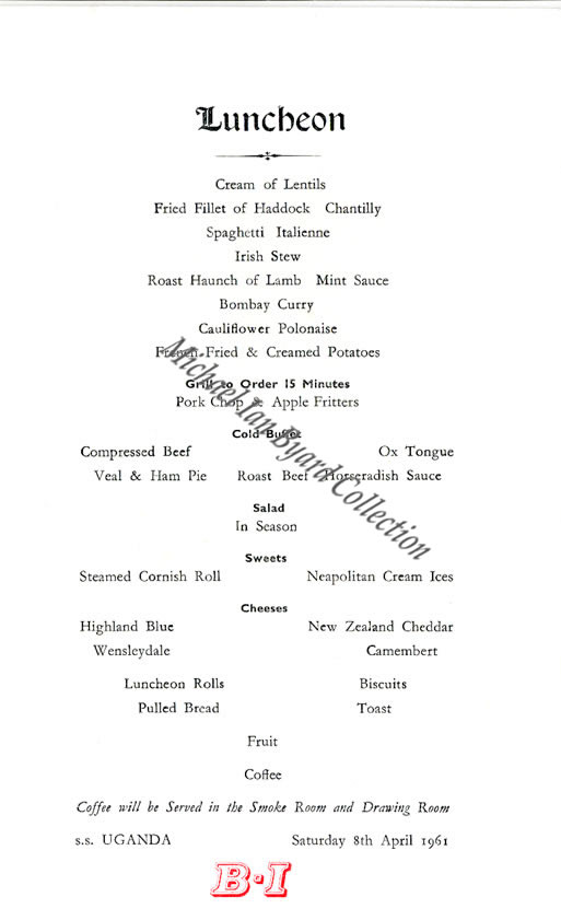 Breakfast Menu aboard s.s. Uganda 8th April 1961